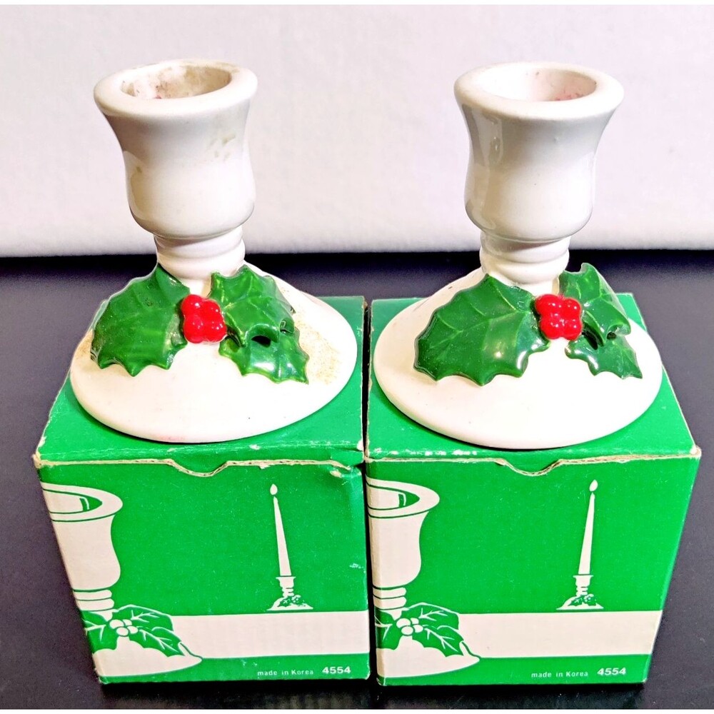 2 vintage Lillian Vernon Ceramic Christmas Taper Candle Holders